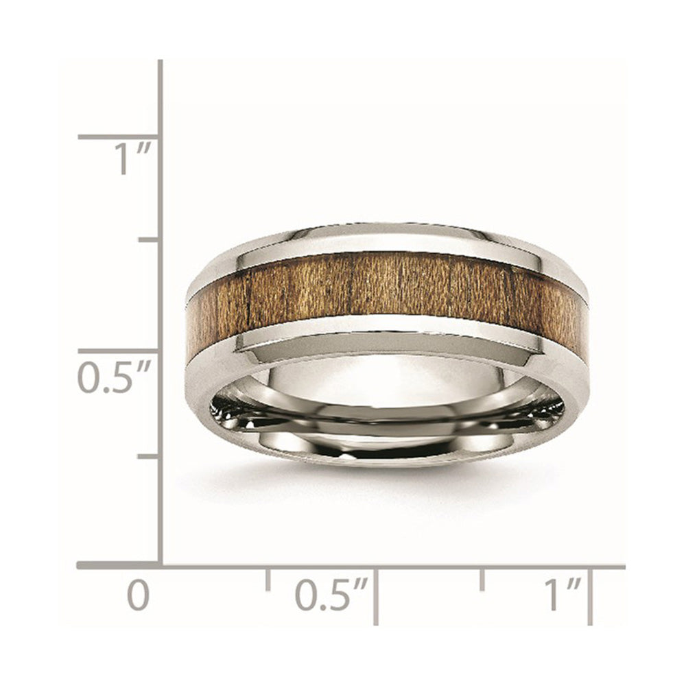 Alternate view of the Men's 8mm Stainless Steel Koa Wood & Enamel Beveled Standard Fit Band by The Black Bow Jewelry Co.
