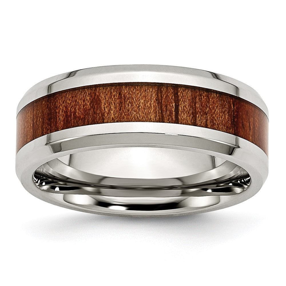 Men's 8mm Stainless Steel Red/Orange Koa Wood Enamel Comfort Fit Band, Item R12126 by The Black Bow Jewelry Co.