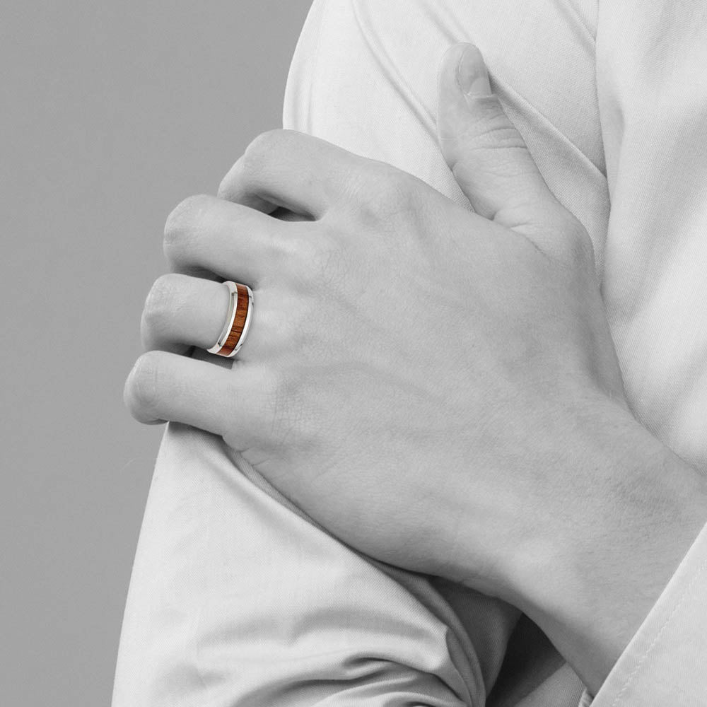Alternate view of the Men's 8mm Stainless Steel Red/Orange Koa Wood Enamel Comfort Fit Band by The Black Bow Jewelry Co.