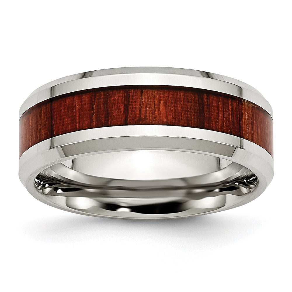 Men's 8mm Stainless Steel Red Koa Wood Enamel Beveled Comfort Fit Band, Item R12127 by The Black Bow Jewelry Co.