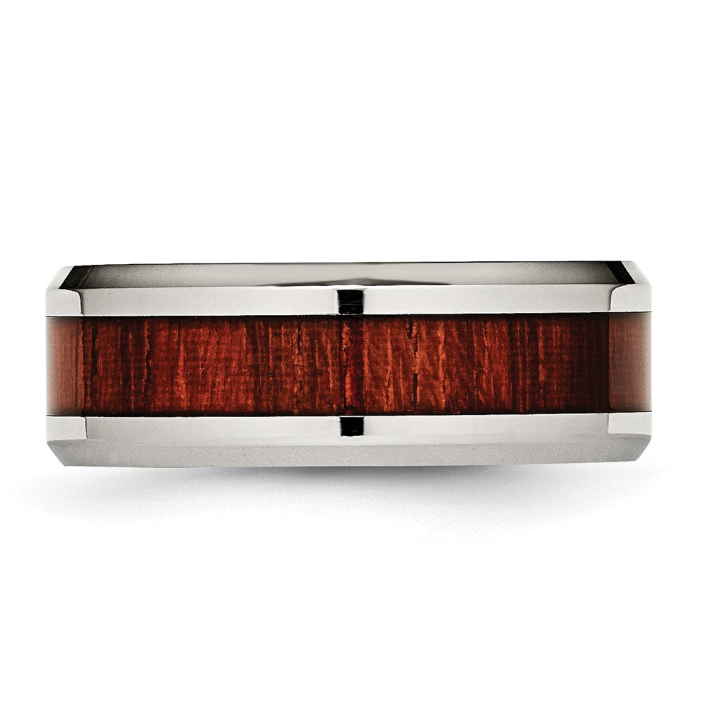 Alternate view of the Men's 8mm Stainless Steel Red Koa Wood Enamel Beveled Comfort Fit Band by The Black Bow Jewelry Co.