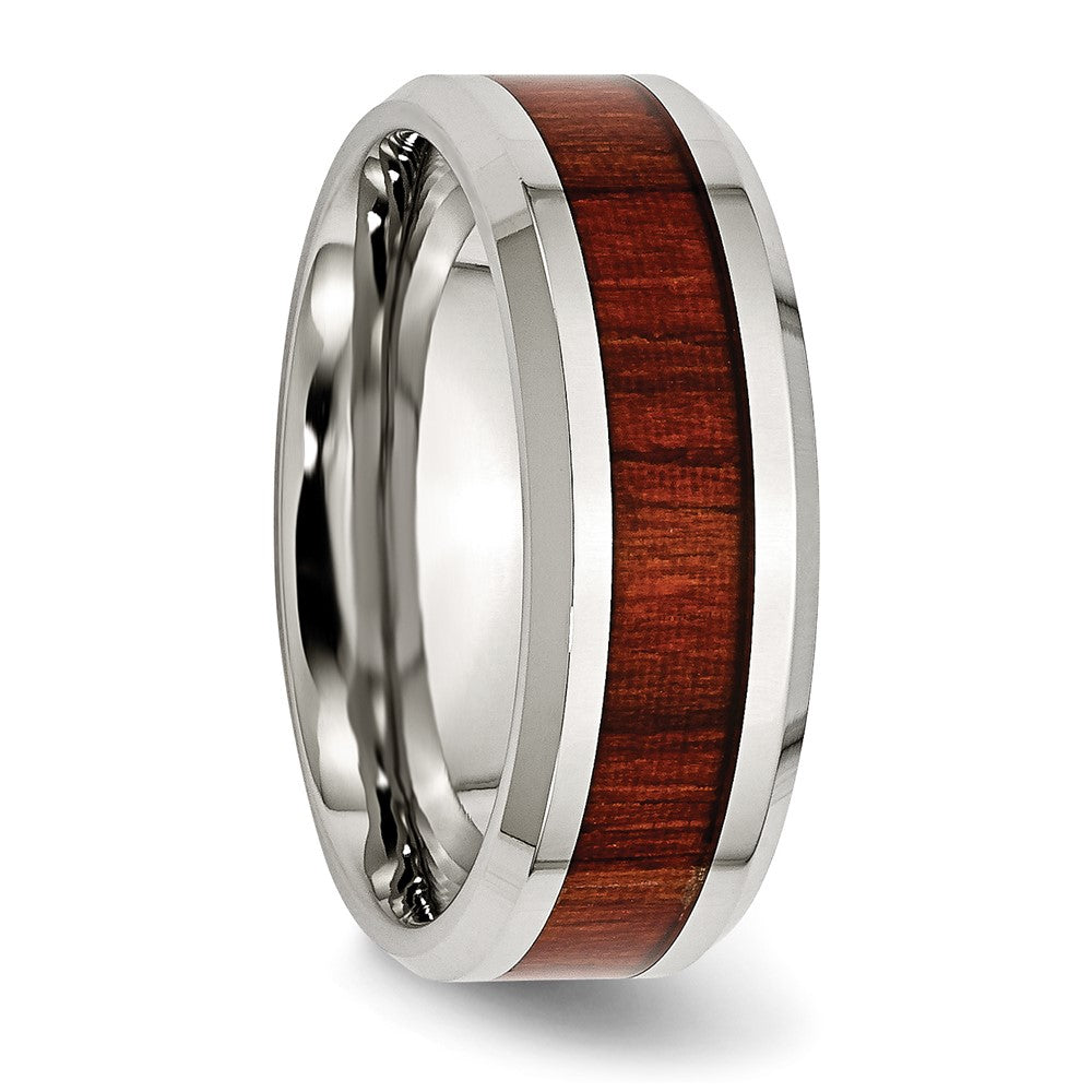 Alternate view of the Men's 8mm Stainless Steel Red Koa Wood Enamel Beveled Comfort Fit Band by The Black Bow Jewelry Co.