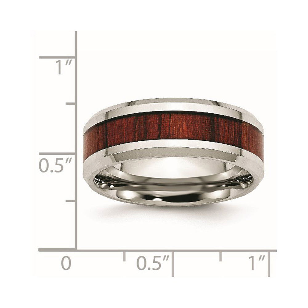 Alternate view of the Men's 8mm Stainless Steel Red Koa Wood Enamel Beveled Comfort Fit Band by The Black Bow Jewelry Co.