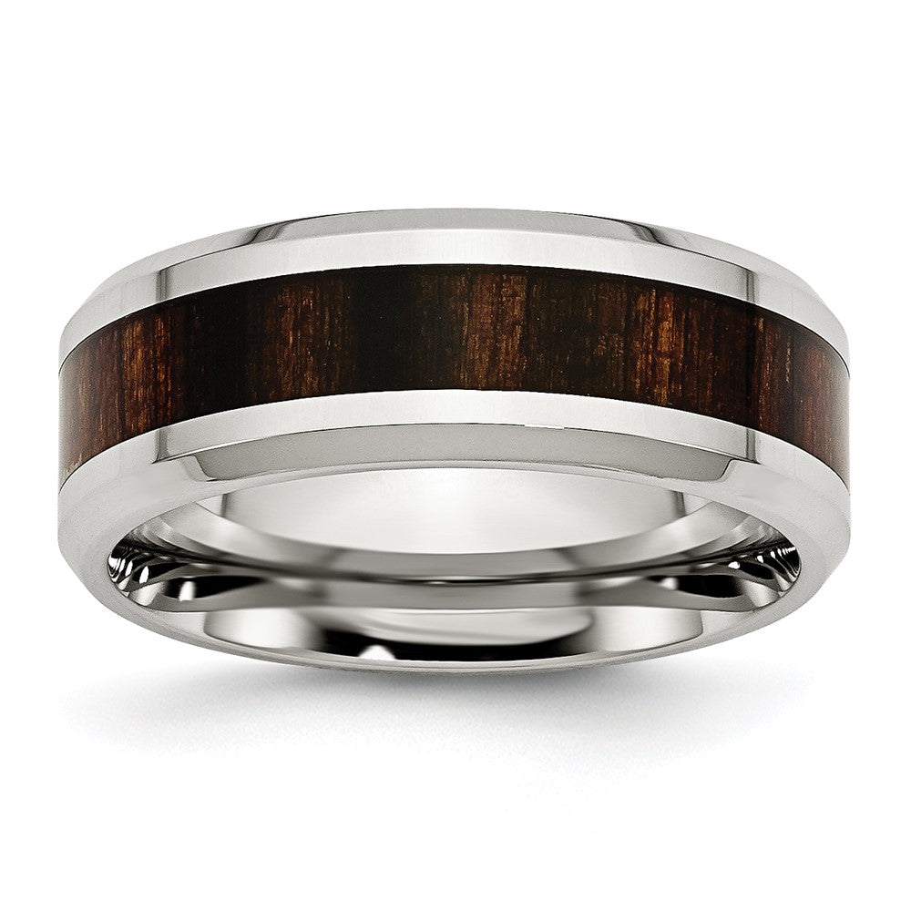 Men's 8mm Stainless Steel Blk Koa Wood Enamel Beveled Comfort Fit Band, Item R12129 by The Black Bow Jewelry Co.