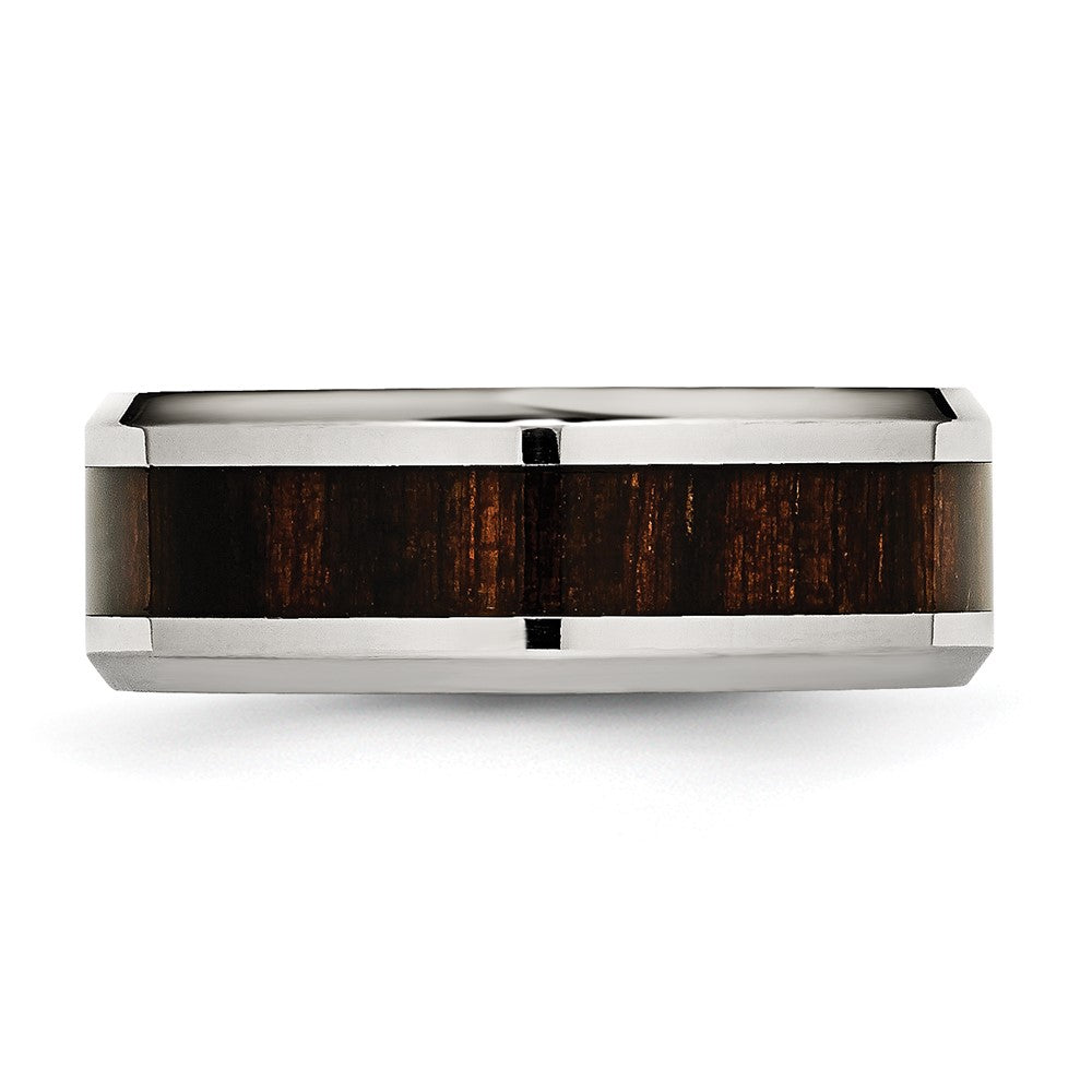 Alternate view of the Men's 8mm Stainless Steel Blk Koa Wood Enamel Beveled Comfort Fit Band by The Black Bow Jewelry Co.