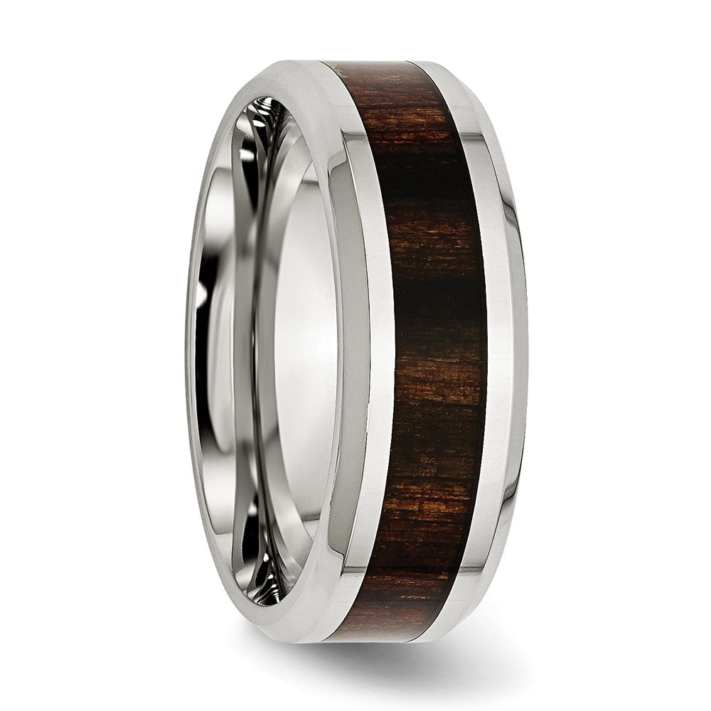 Alternate view of the Men's 8mm Stainless Steel Blk Koa Wood Enamel Beveled Comfort Fit Band by The Black Bow Jewelry Co.