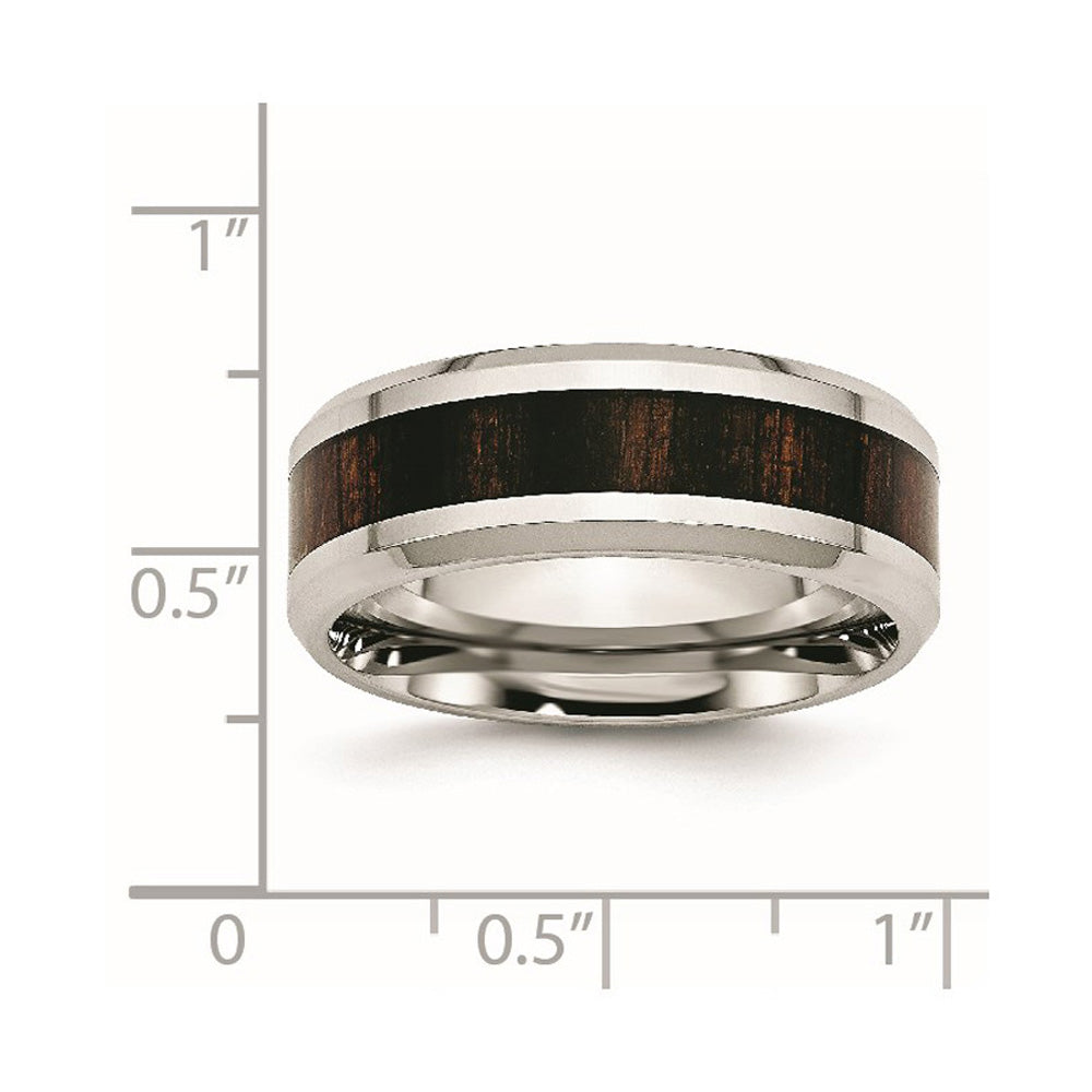 Alternate view of the Men's 8mm Stainless Steel Blk Koa Wood Enamel Beveled Comfort Fit Band by The Black Bow Jewelry Co.
