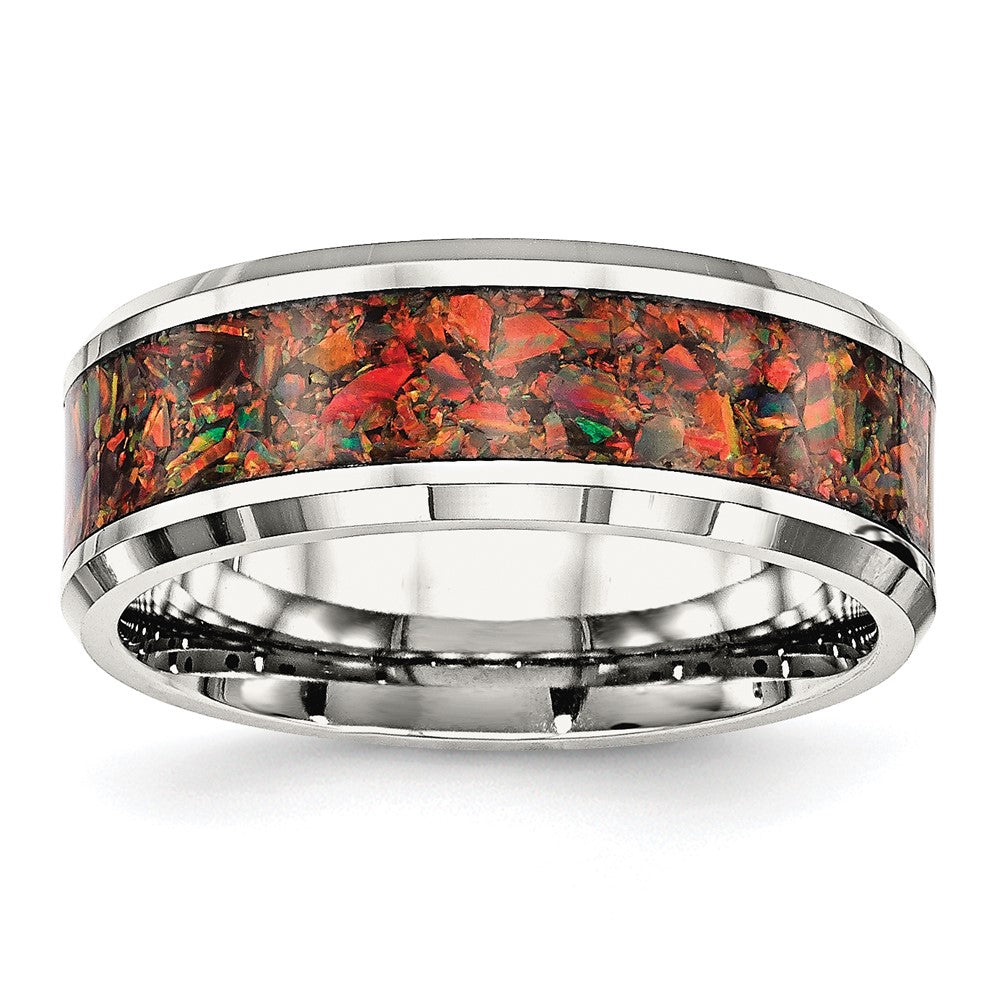 8mm Stainless Steel Red Imitation Opal Inlay Comfort Fit Band, Item R12130 by The Black Bow Jewelry Co.
