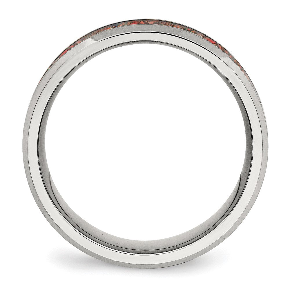 Alternate view of the 8mm Stainless Steel Red Imitation Opal Inlay Comfort Fit Band by The Black Bow Jewelry Co.