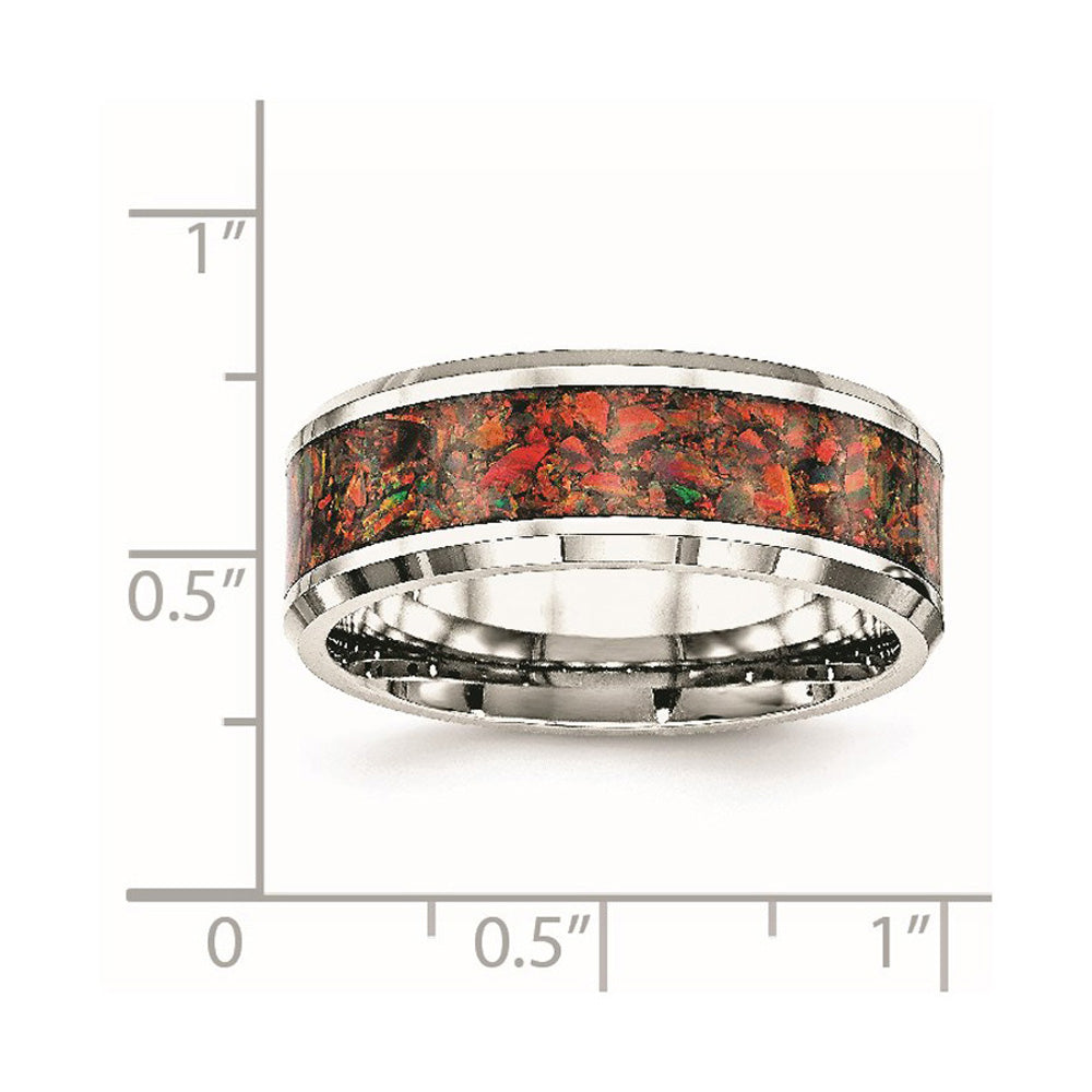 Alternate view of the 8mm Stainless Steel Red Imitation Opal Inlay Comfort Fit Band by The Black Bow Jewelry Co.