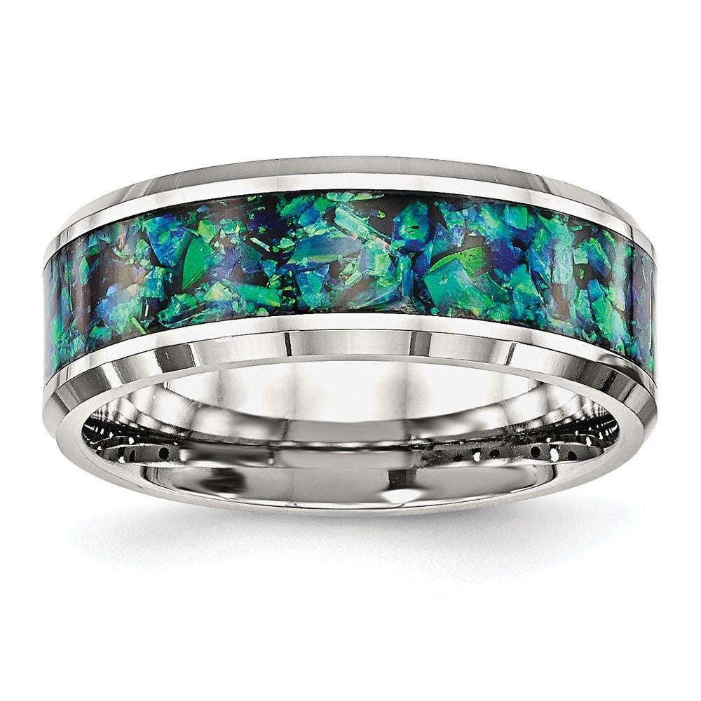 8mm Stainless Steel Blue Imitation Opal Inlay Comfort Fit Band, Item R12131 by The Black Bow Jewelry Co.
