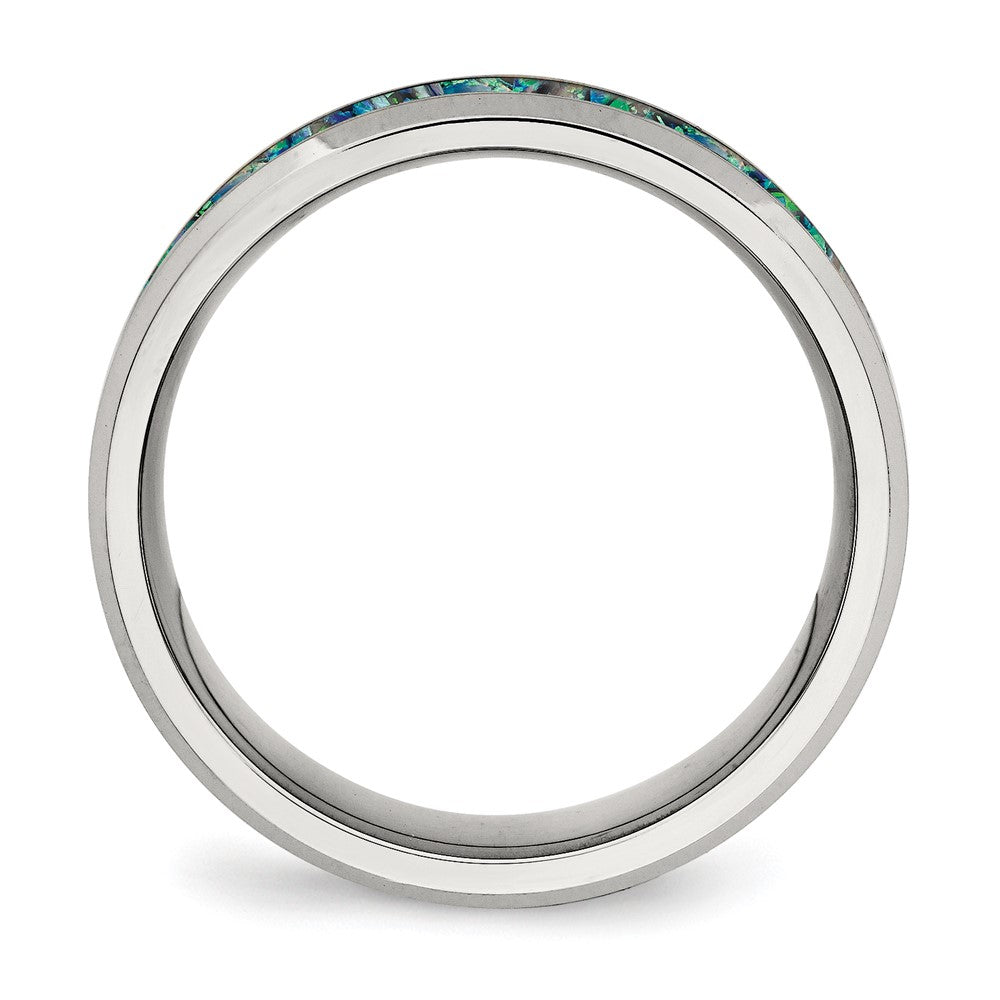 Alternate view of the 8mm Stainless Steel Blue Imitation Opal Inlay Comfort Fit Band by The Black Bow Jewelry Co.
