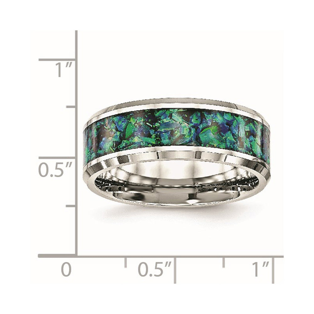 Alternate view of the 8mm Stainless Steel Blue Imitation Opal Inlay Comfort Fit Band by The Black Bow Jewelry Co.