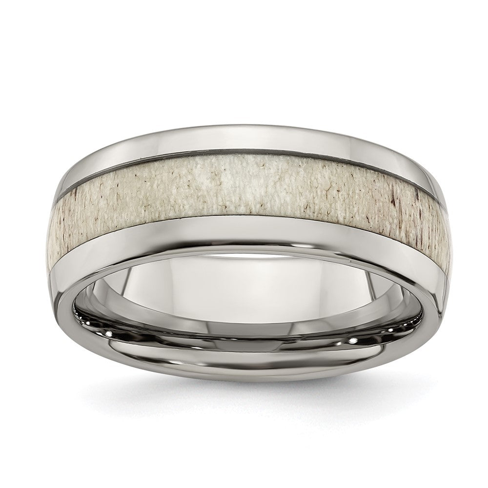 Men's 8mm Stainless Steel Antler Inlay Domed Standard Fit Band, Item R12132 by The Black Bow Jewelry Co.
