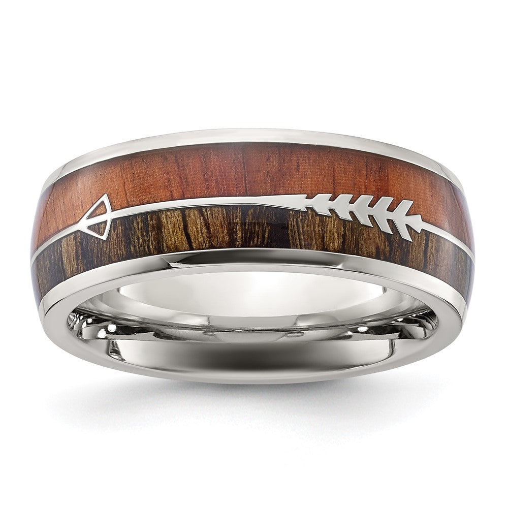 Men's 8mm Stainless Steel Wood & Enamel Inlay Arrow Design Domed Band, Item R12135 by The Black Bow Jewelry Co.