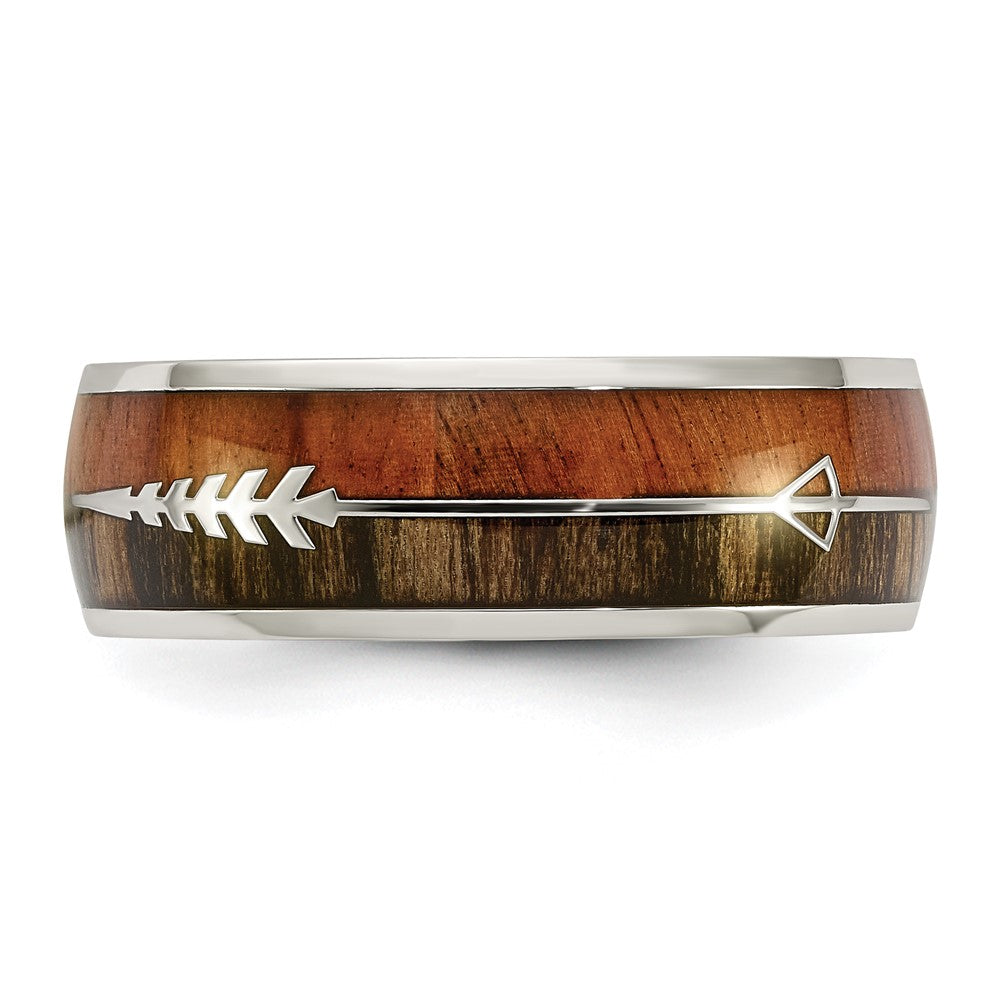 Alternate view of the Men's 8mm Stainless Steel Wood & Enamel Inlay Arrow Design Domed Band by The Black Bow Jewelry Co.