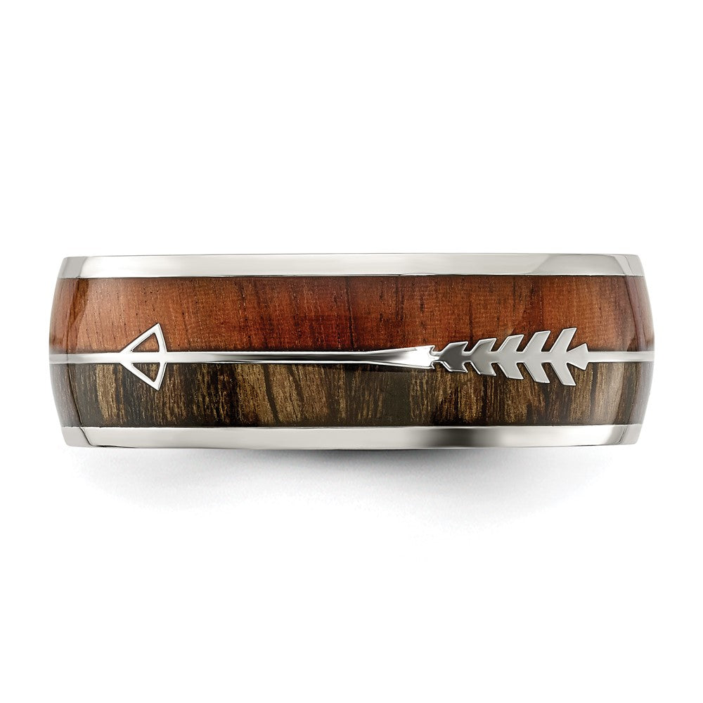 Alternate view of the Men's 8mm Stainless Steel Wood & Enamel Inlay Arrow Design Domed Band by The Black Bow Jewelry Co.