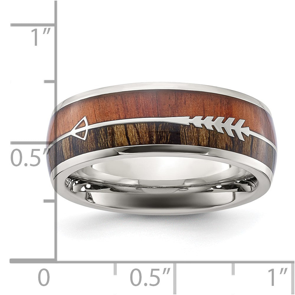Alternate view of the Men's 8mm Stainless Steel Wood & Enamel Inlay Arrow Design Domed Band by The Black Bow Jewelry Co.