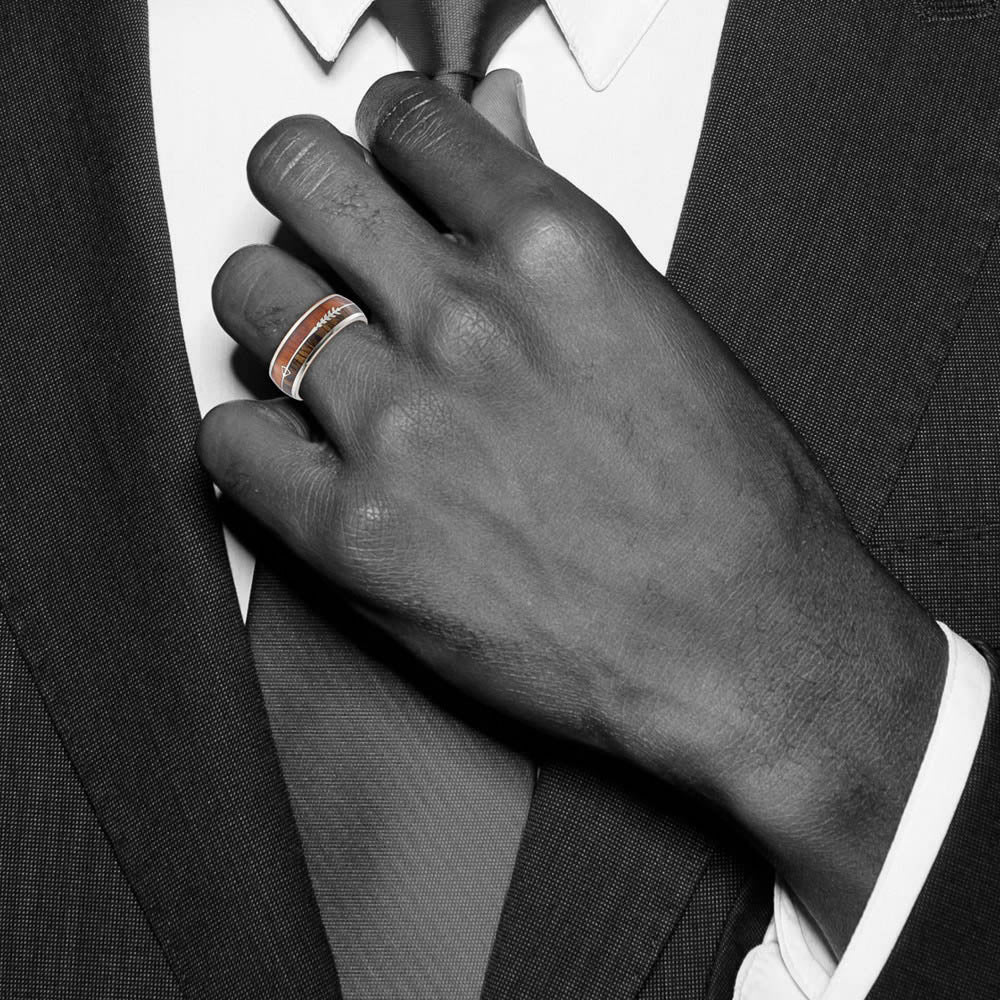 Alternate view of the Men's 8mm Stainless Steel Wood & Enamel Inlay Arrow Design Domed Band by The Black Bow Jewelry Co.