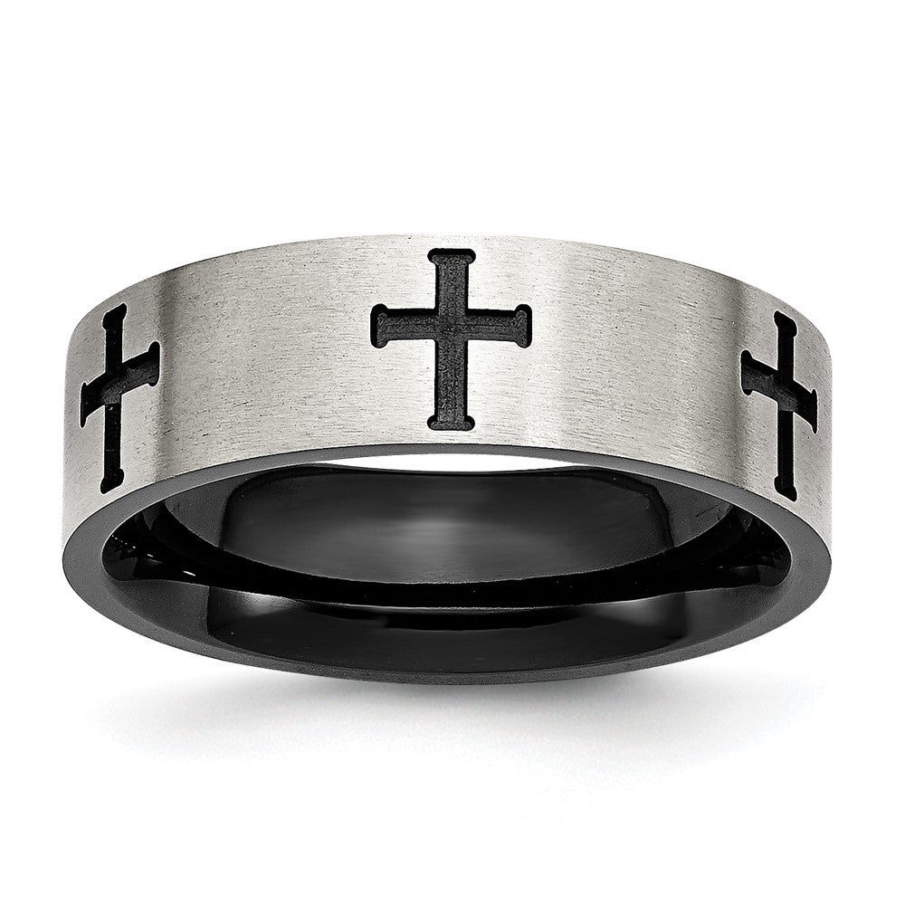 7mm Stainless Steel Brushed &amp; Black Plated Recessed Cross Band, Item R12138 by The Black Bow Jewelry Co.