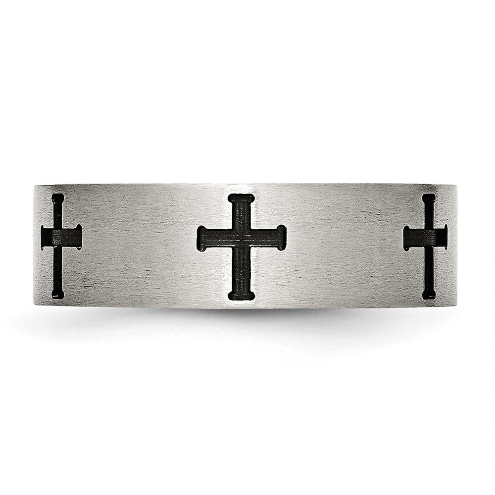 Alternate view of the 7mm Stainless Steel Brushed &amp; Black Plated Recessed Cross Band by The Black Bow Jewelry Co.