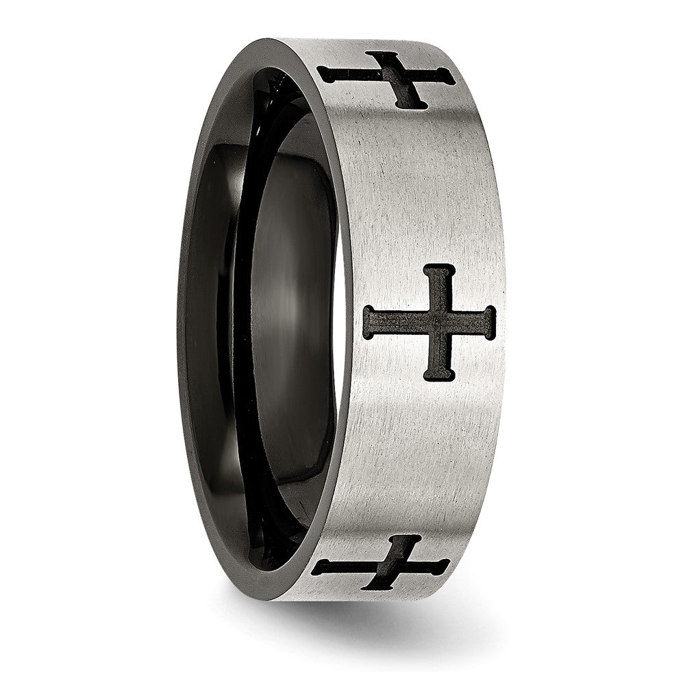 Alternate view of the 7mm Stainless Steel Brushed &amp; Black Plated Recessed Cross Band by The Black Bow Jewelry Co.