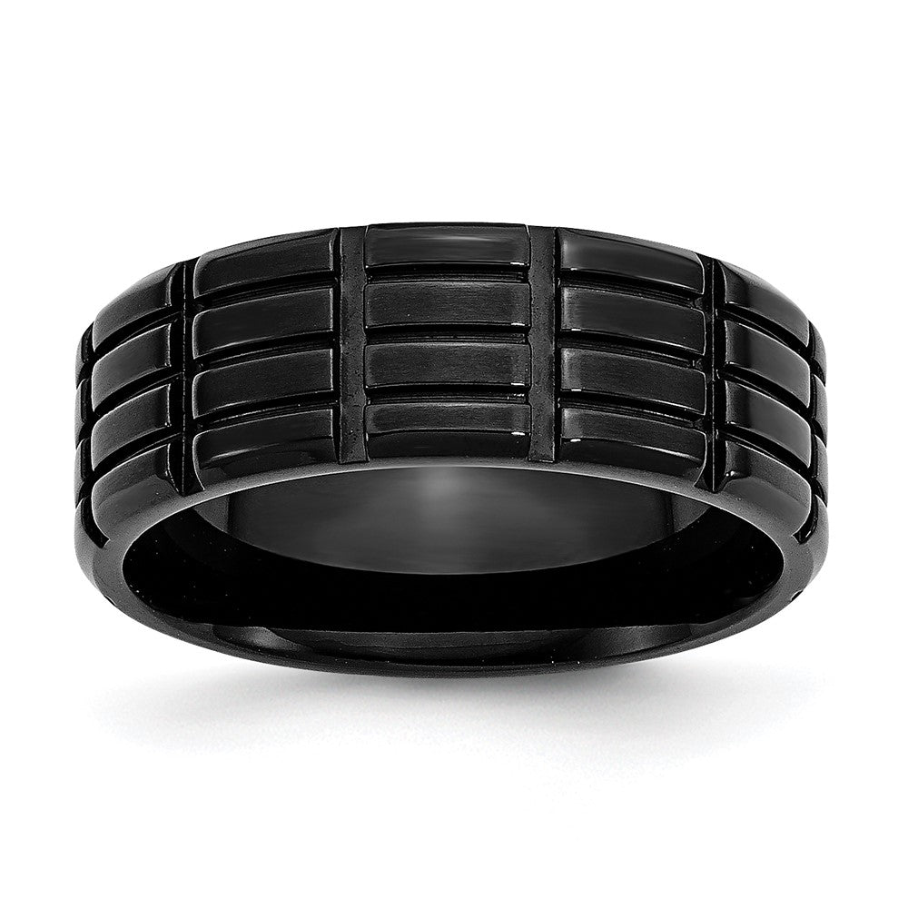 Men's 8mm Black Plated Stainless Steel Grooved Standard Fit Band, Item R12139 by The Black Bow Jewelry Co.