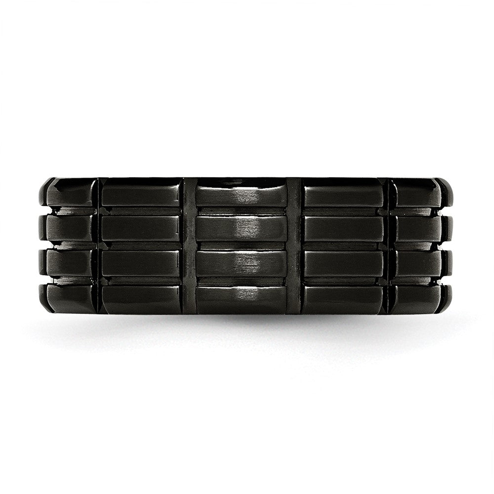 Alternate view of the Men's 8mm Black Plated Stainless Steel Grooved Standard Fit Band by The Black Bow Jewelry Co.