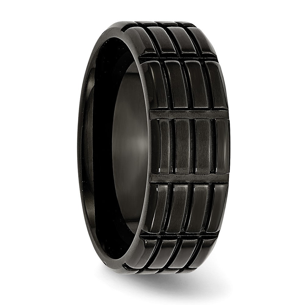 Alternate view of the Men's 8mm Black Plated Stainless Steel Grooved Standard Fit Band by The Black Bow Jewelry Co.