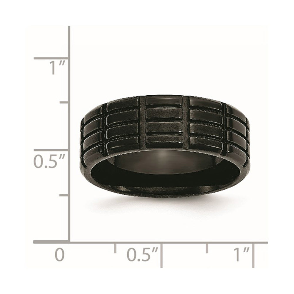 Alternate view of the Men's 8mm Black Plated Stainless Steel Grooved Standard Fit Band by The Black Bow Jewelry Co.