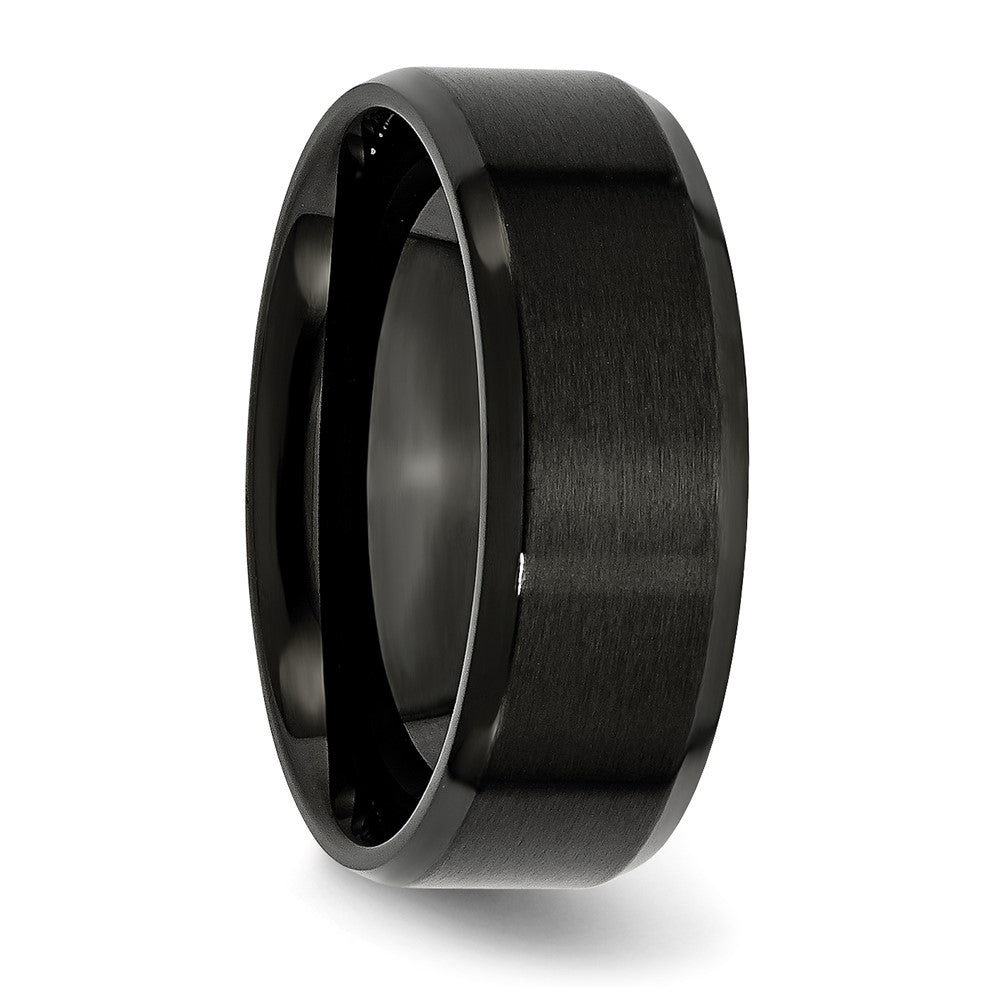 Alternate view of the Men's 8mm Black Plated Stainless Steel Brushed & Beveled Edge Band by The Black Bow Jewelry Co.