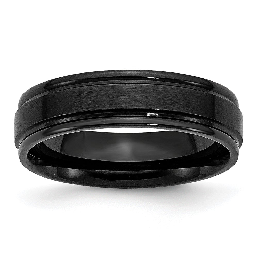 6mm Black Plated Stainless Steel Brushed Center Grooved Edges Band, Item R12143 by The Black Bow Jewelry Co.