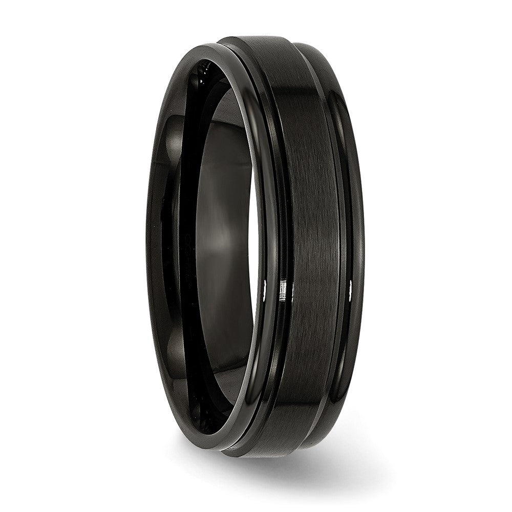 Alternate view of the 6mm Black Plated Stainless Steel Brushed Center Grooved Edges Band by The Black Bow Jewelry Co.