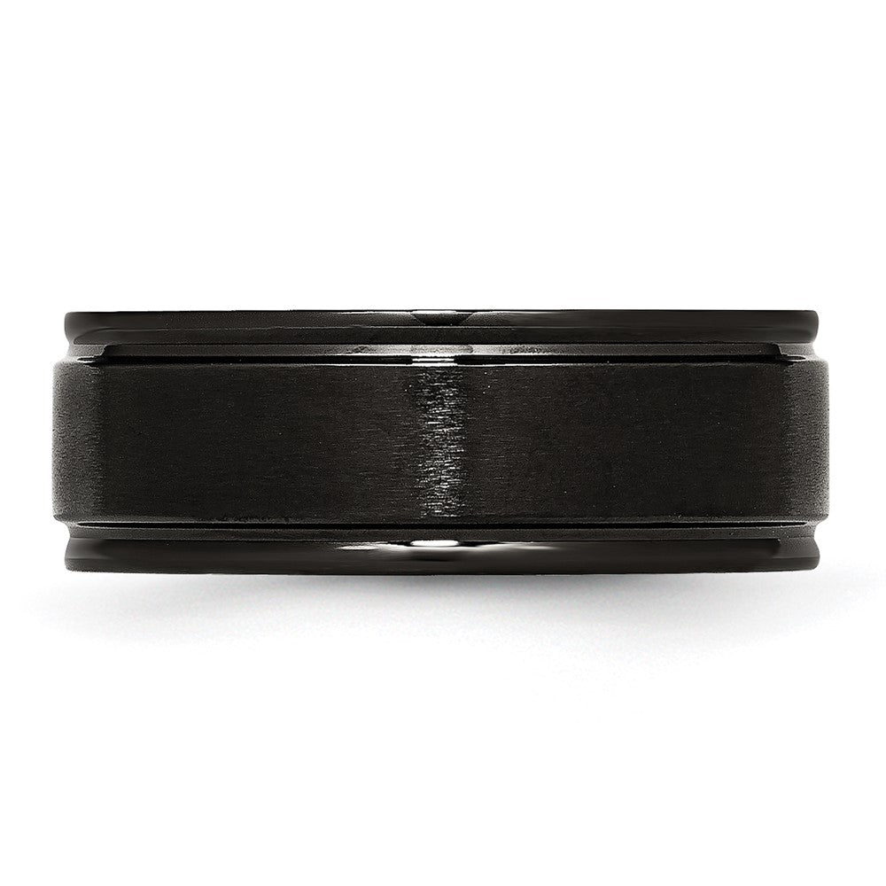 Alternate view of the 8mm Black Plated Stainless Steel Brushed Center Grooved Edges Band by The Black Bow Jewelry Co.