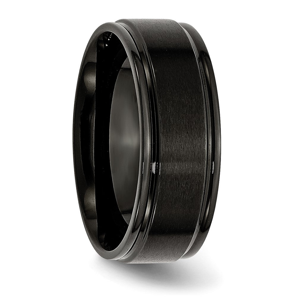 Alternate view of the 8mm Black Plated Stainless Steel Brushed Center Grooved Edges Band by The Black Bow Jewelry Co.