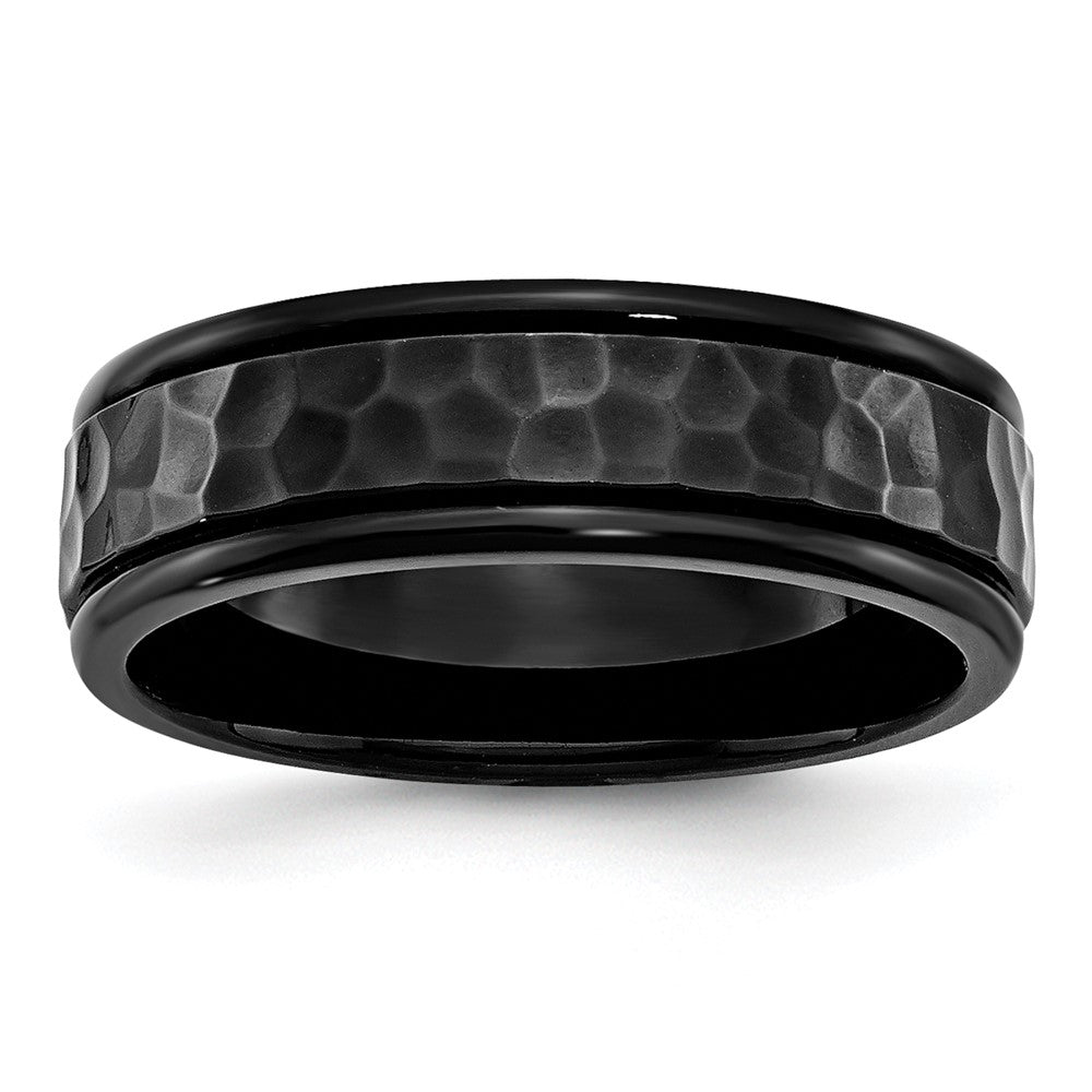7mm Black Plated Stainless Steel Hammered Rounded Edge Band, Item R12146 by The Black Bow Jewelry Co.