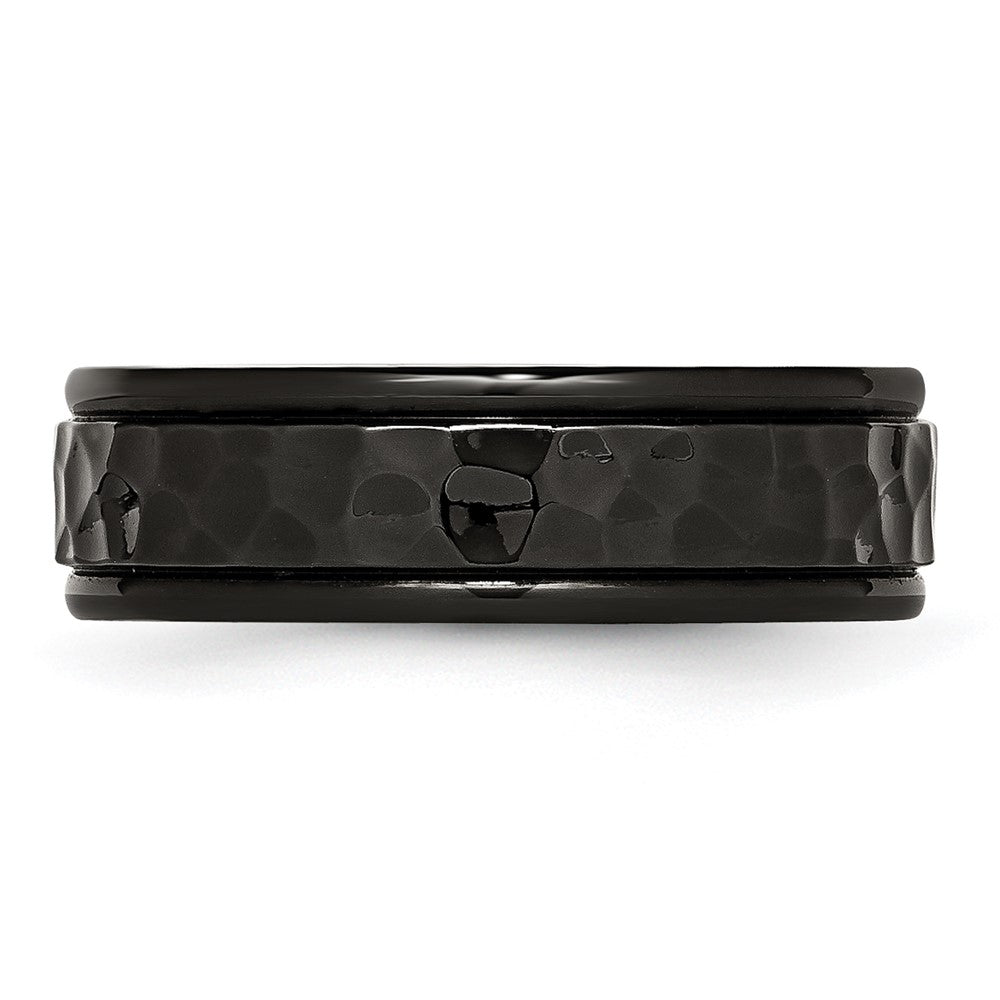 Alternate view of the 7mm Black Plated Stainless Steel Hammered Rounded Edge Band by The Black Bow Jewelry Co.
