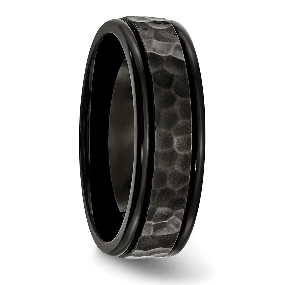 Alternate view of the 7mm Black Plated Stainless Steel Hammered Rounded Edge Band by The Black Bow Jewelry Co.
