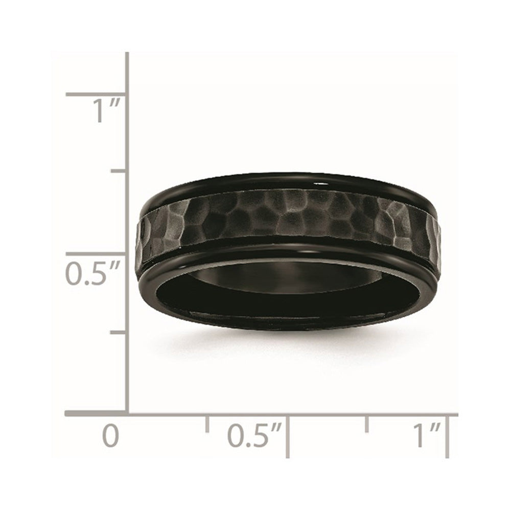 Alternate view of the 7mm Black Plated Stainless Steel Hammered Rounded Edge Band by The Black Bow Jewelry Co.