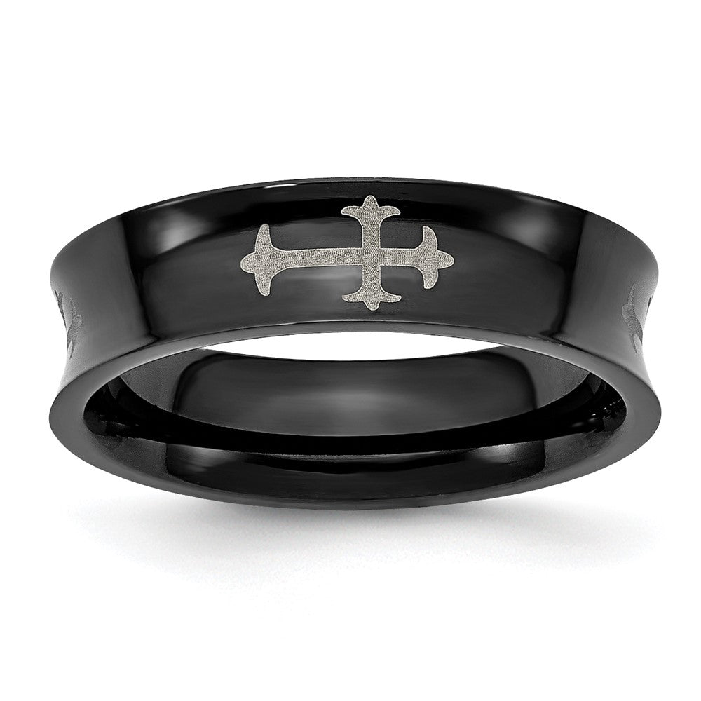 6mm Stainless Steel Black Plated &amp; Polished Cross Concaved Band, Item R12148 by The Black Bow Jewelry Co.
