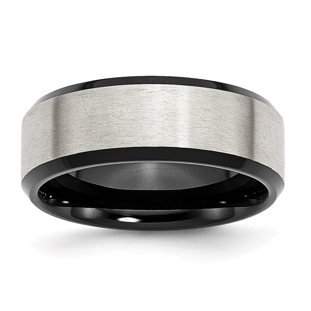 Men's 8mm Stainless Steel & Black Plated Beveled Edge Band, Item R12151 by The Black Bow Jewelry Co.