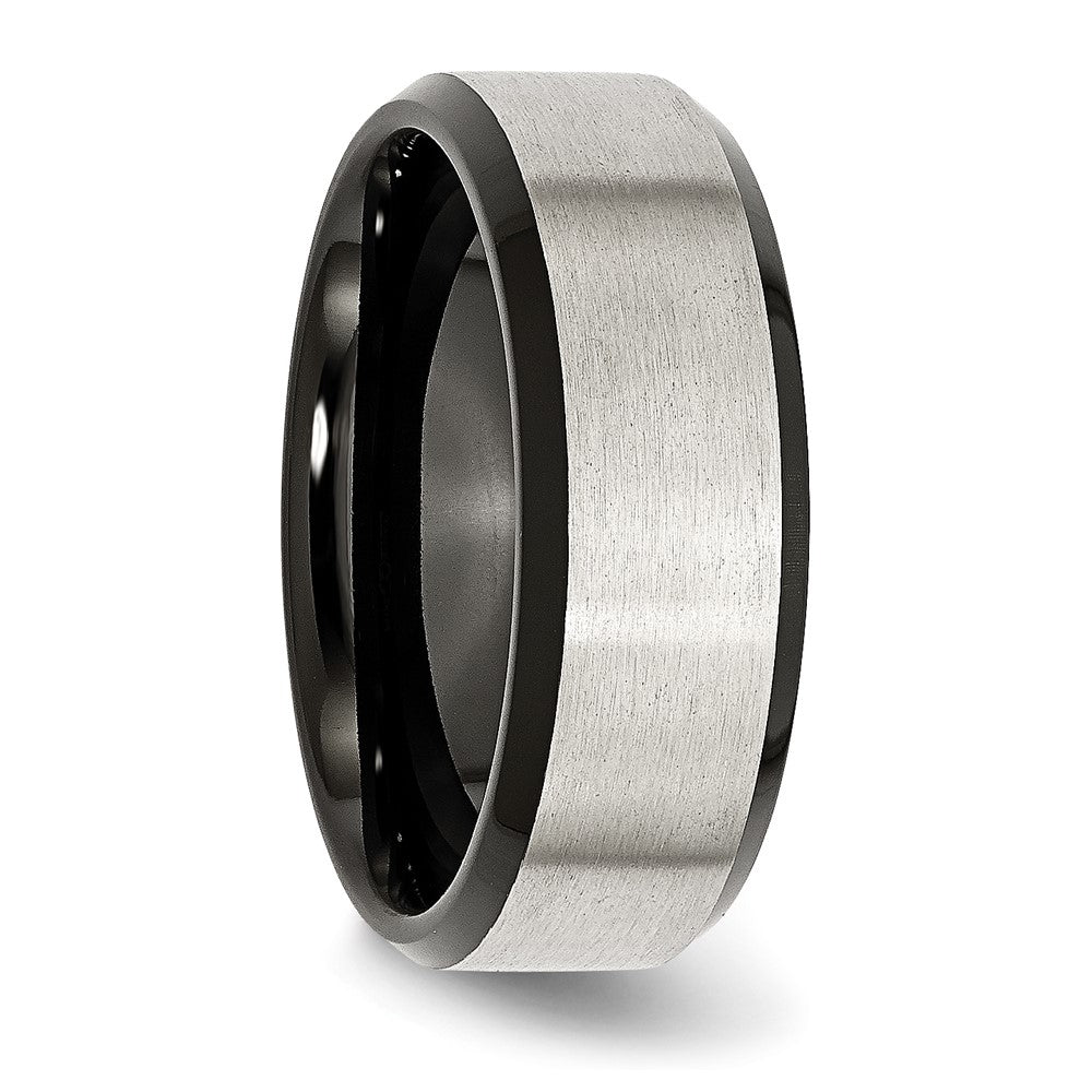 Alternate view of the Men's 8mm Stainless Steel & Black Plated Beveled Edge Band by The Black Bow Jewelry Co.