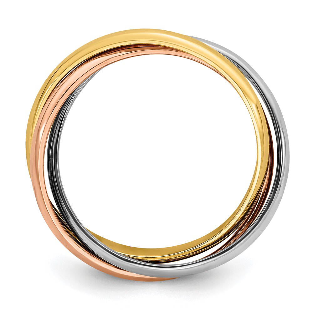 Alternate view of the 6mm 14K Tri-Color Gold Polished Three Band Rolling Ring, Size 4 by The Black Bow Jewelry Co.