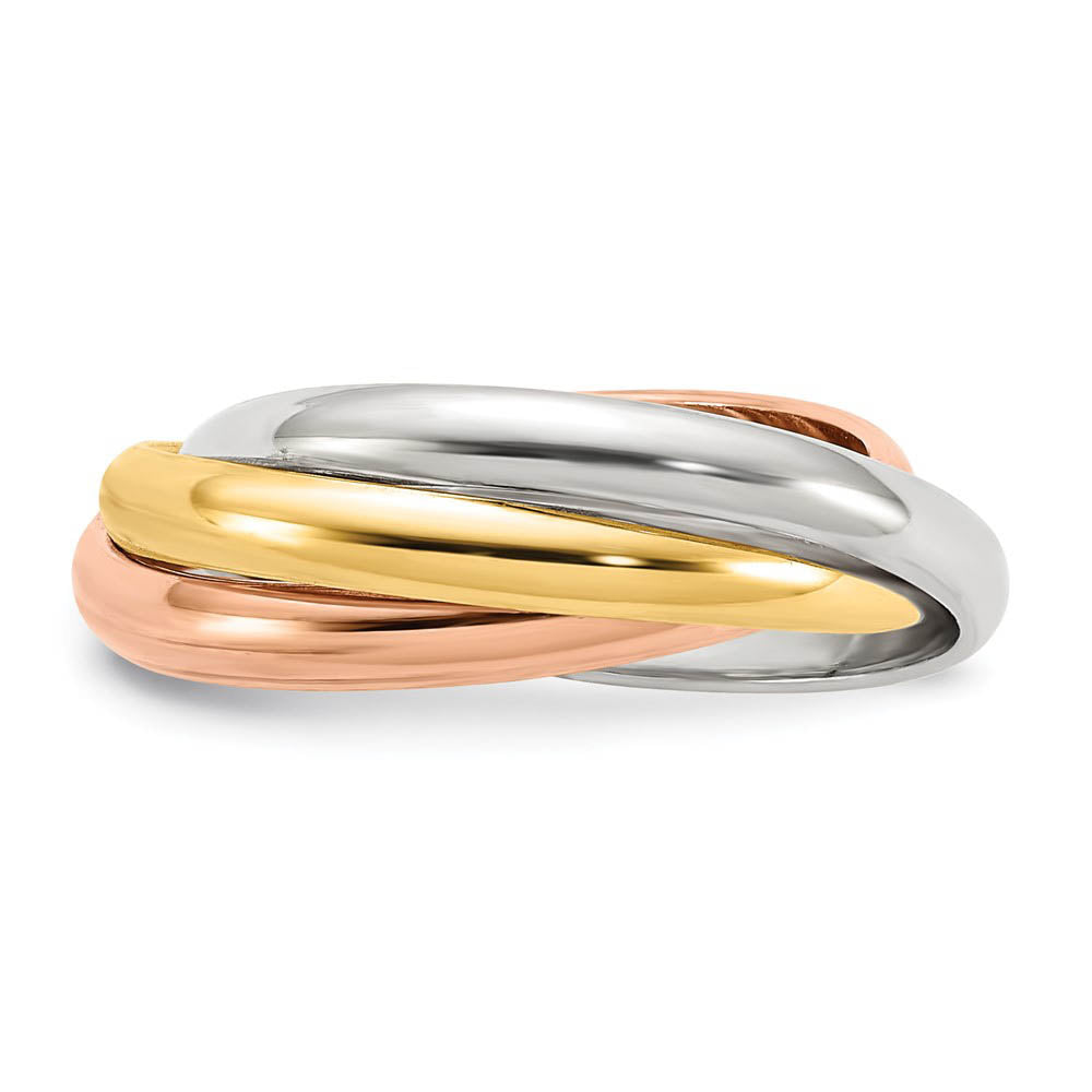 Alternate view of the 6mm 14K Tri-Color Gold Polished Three Band Rolling Ring, Size 4 by The Black Bow Jewelry Co.