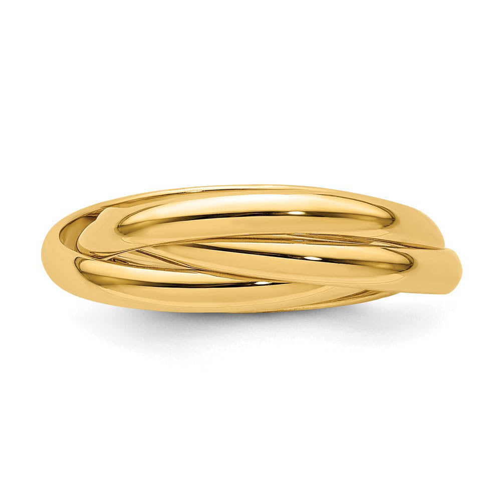 Alternate view of the 6mm 14K Yellow Gold Polished Three Band Rolling Ring, Size 4 by The Black Bow Jewelry Co.