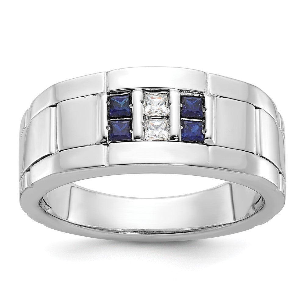 9.5mm 14K White Gold Created Sapphire &amp; Diamond Tapered Band, SZ 10, Item R12186-10KW-10 by The Black Bow Jewelry Co.