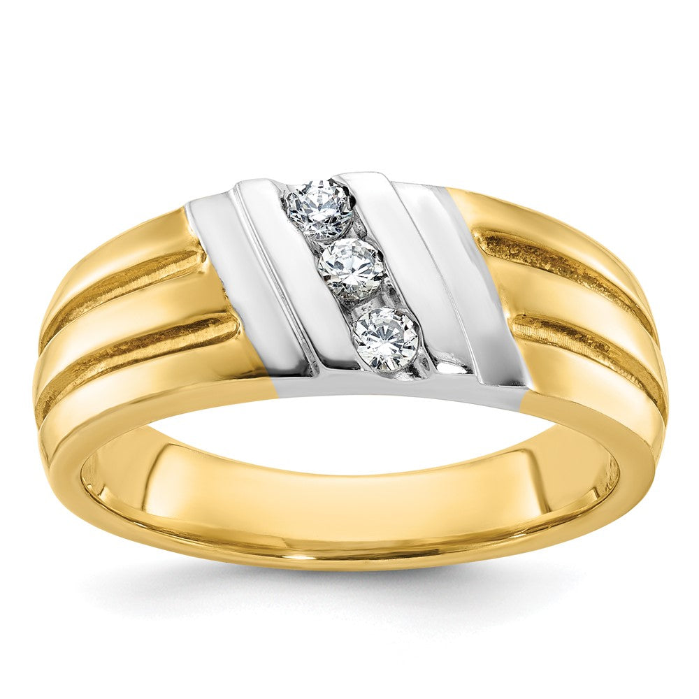 Men&#39;s 8.25mm 10K Two Tone Gold Grooved 1/5 Ctw Diamond Tapered Band, Item R12215 by The Black Bow Jewelry Co.