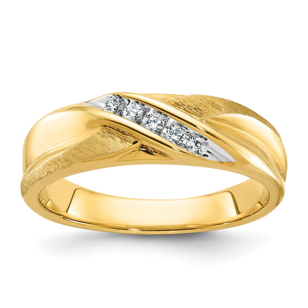 Men&#39;s 6.5mm 14K Yellow Gold &amp; Rhodium 1/10 Ctw Diamond Tapered Band, Item R12244 by The Black Bow Jewelry Co.