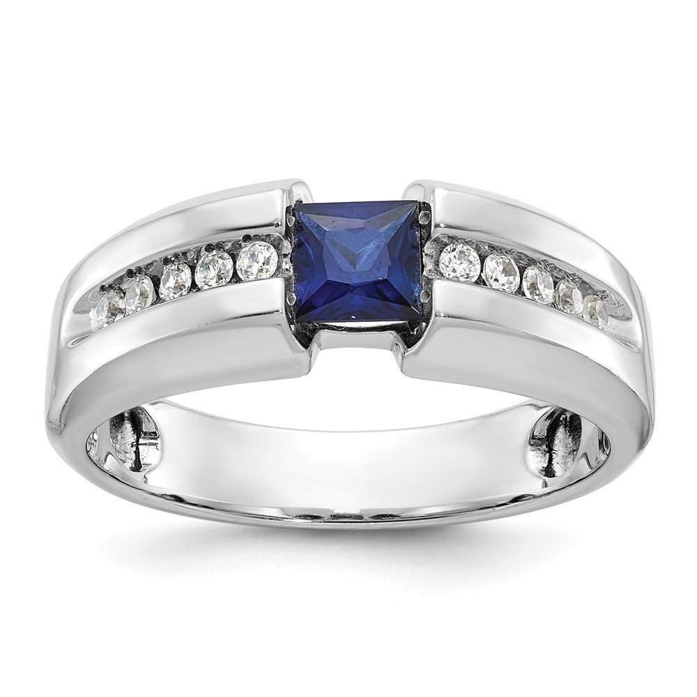 Men&#39;s 7.5mm 14K White Gold Lab-Created Sapphire &amp; Diamond Tapered Band, Item R12249 by The Black Bow Jewelry Co.