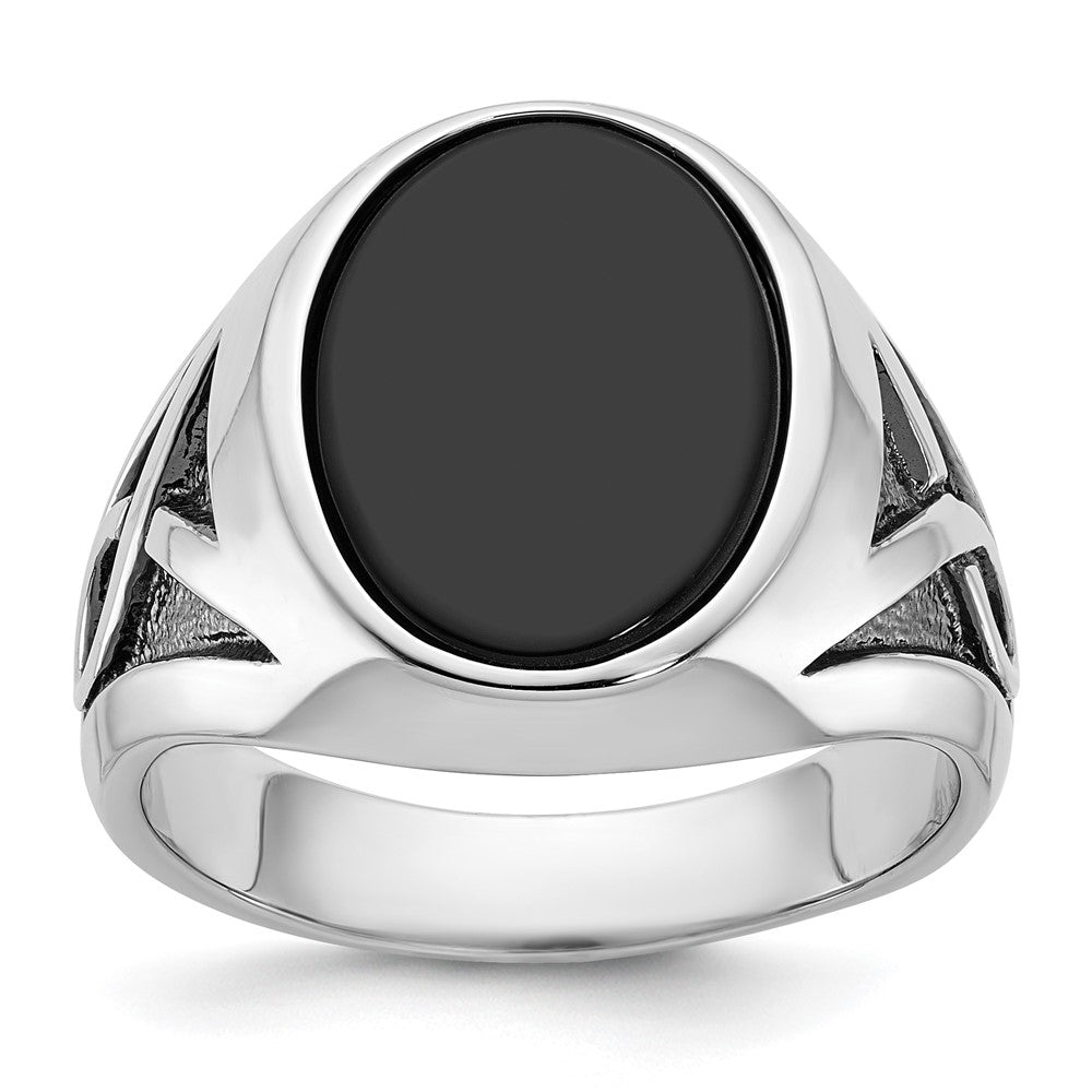 Men&#39;s 17mm 14K White Gold, Black Rhodium &amp; Oval Onyx Tapered Ring, Item R12251 by The Black Bow Jewelry Co.